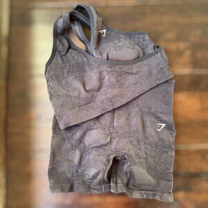 Gymshark Adapt Seamless Black Camo Biker Short and Bra Athletic Set Size S/M